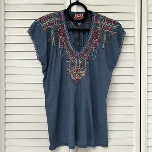 Johnny Was Los Angeles, embroidered top, blue, L, soft, cotton, vneck, colorful
